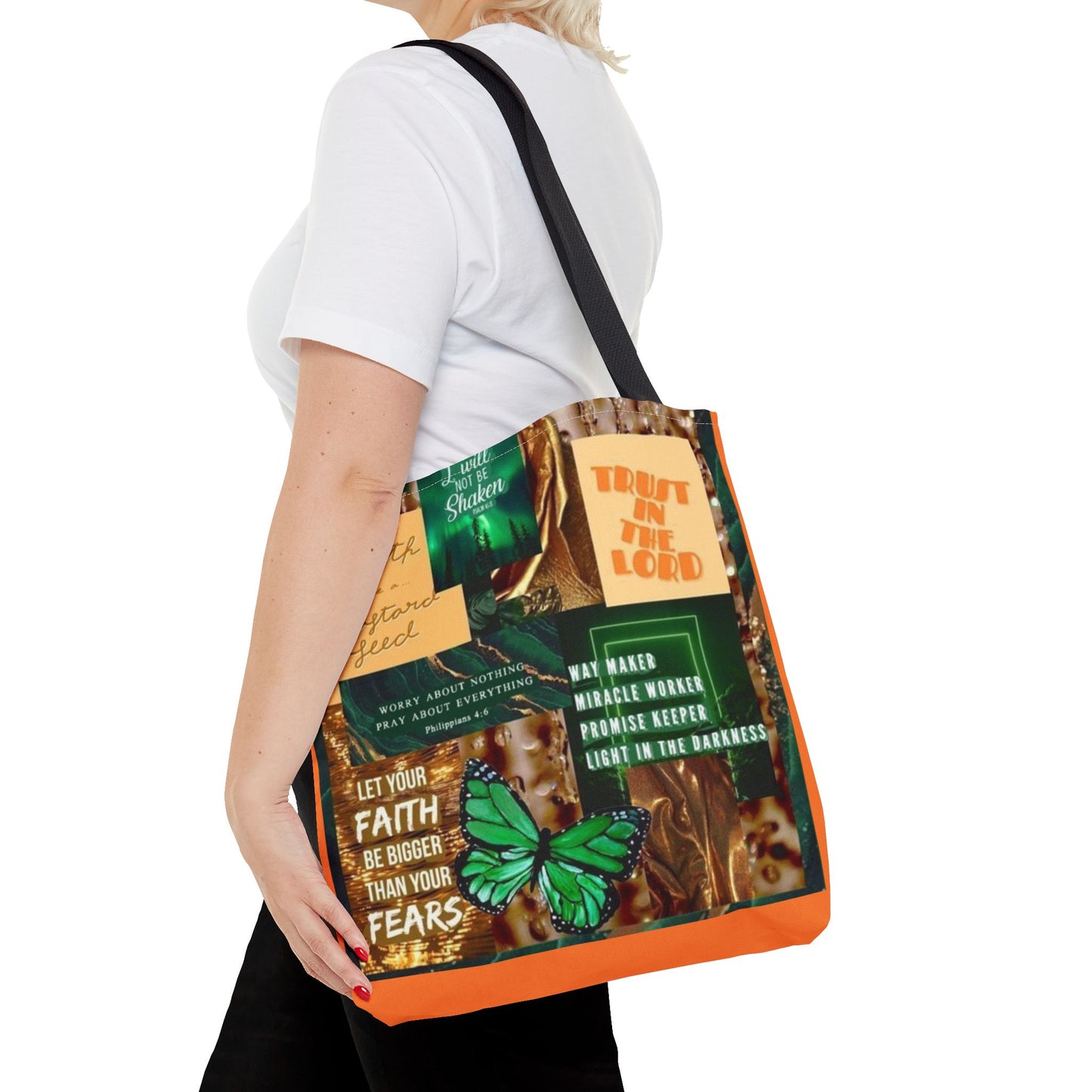 Faith over fear tote green and orange scripture collage bag