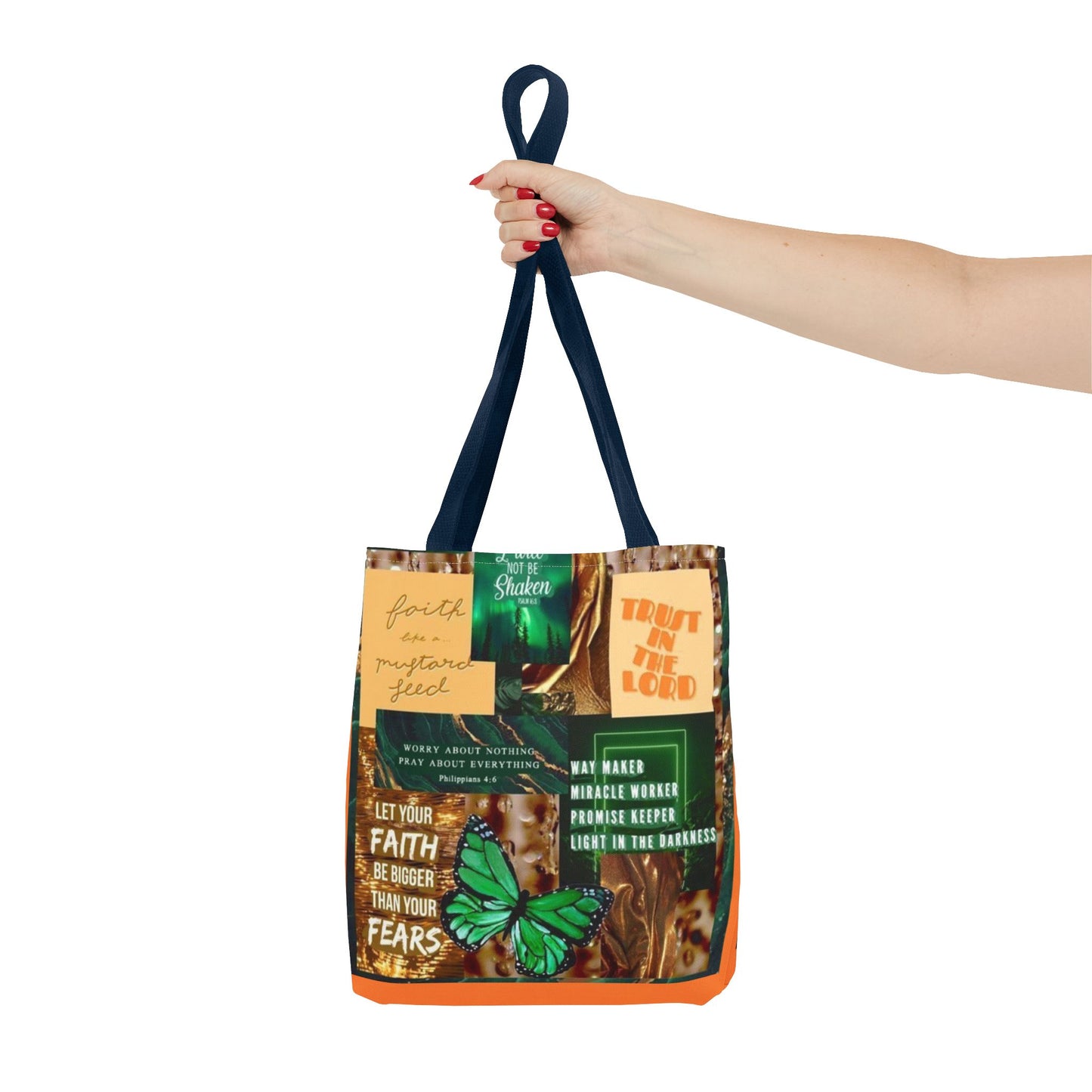 Faith over fear tote green and orange scripture collage bag