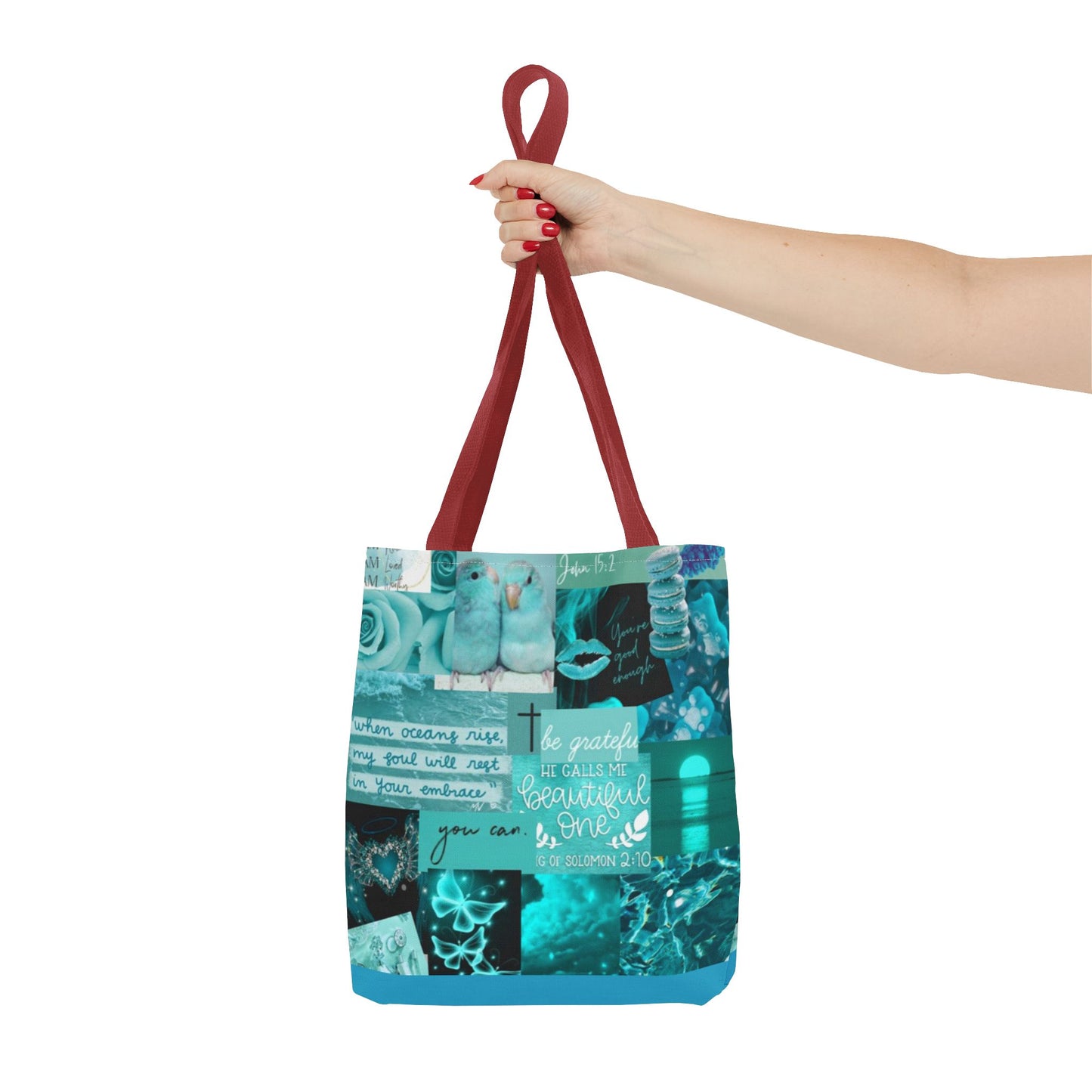 Beautiful one tote teal blue identity & scripture collage