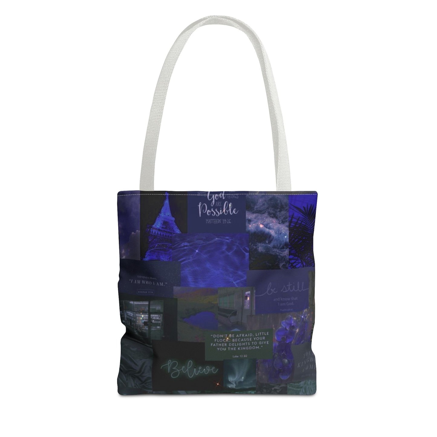 Believe & be still tote midnight blue faith collage