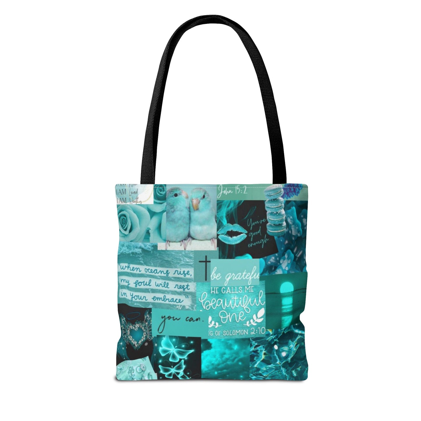 Beautiful one tote teal blue identity & scripture collage