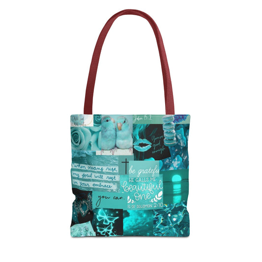 Beautiful one tote teal blue identity & scripture collage