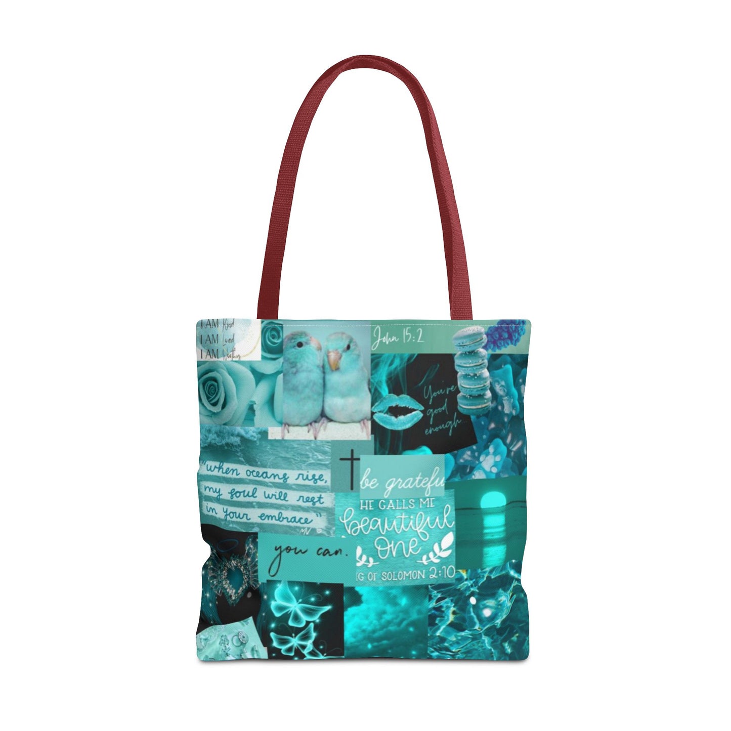 Beautiful one tote teal blue identity & scripture collage