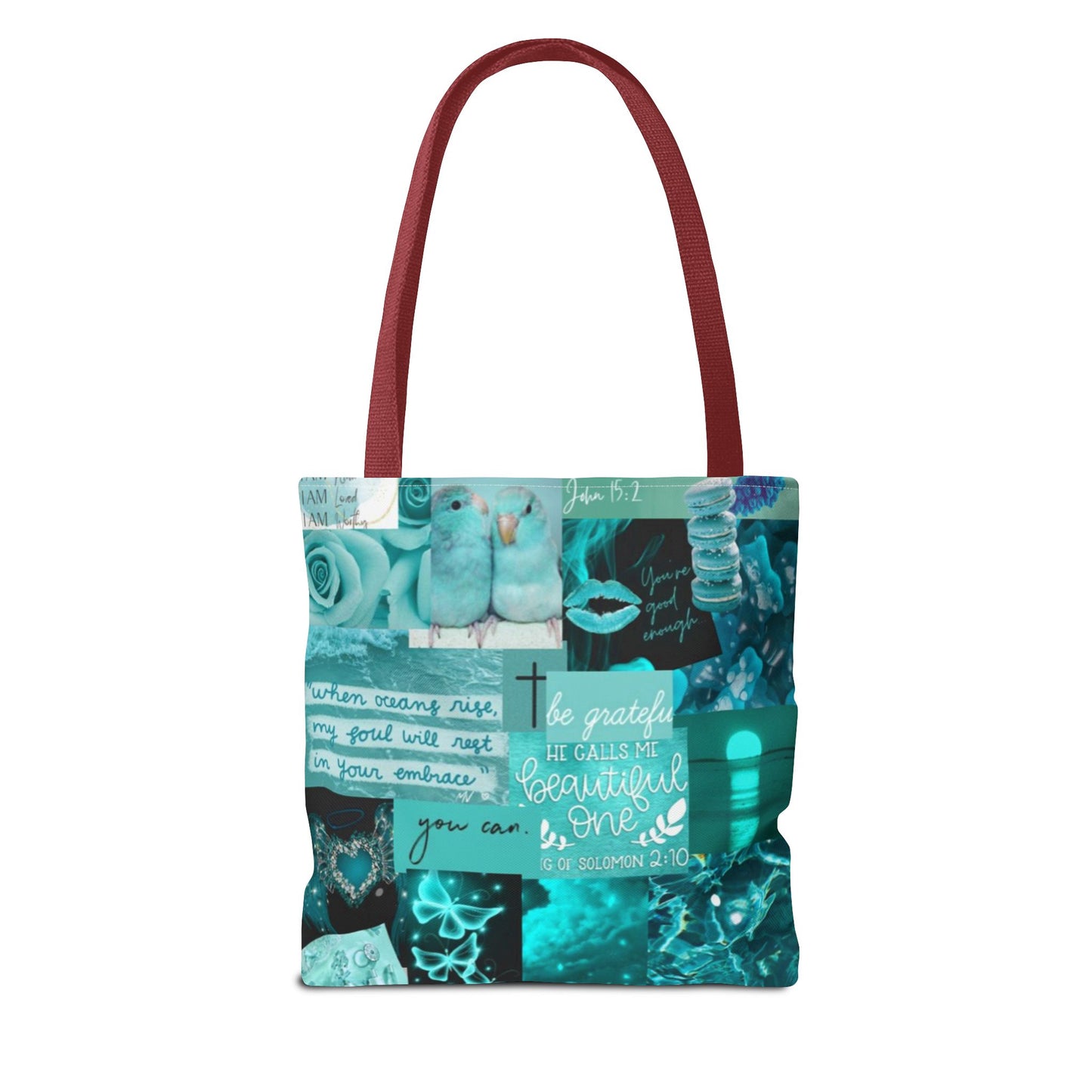 Beautiful one tote teal blue identity & scripture collage