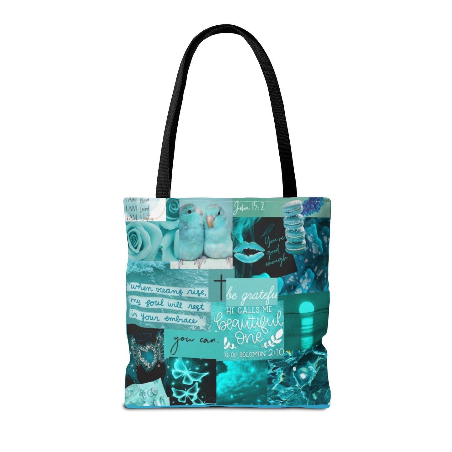 Beautiful one tote teal blue identity & scripture collage