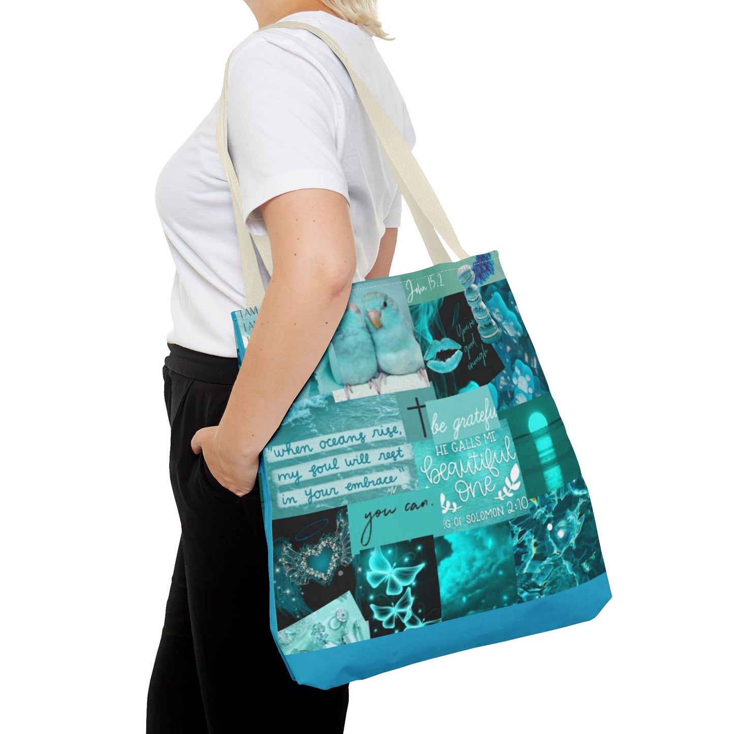 Beautiful one tote teal blue identity & scripture collage