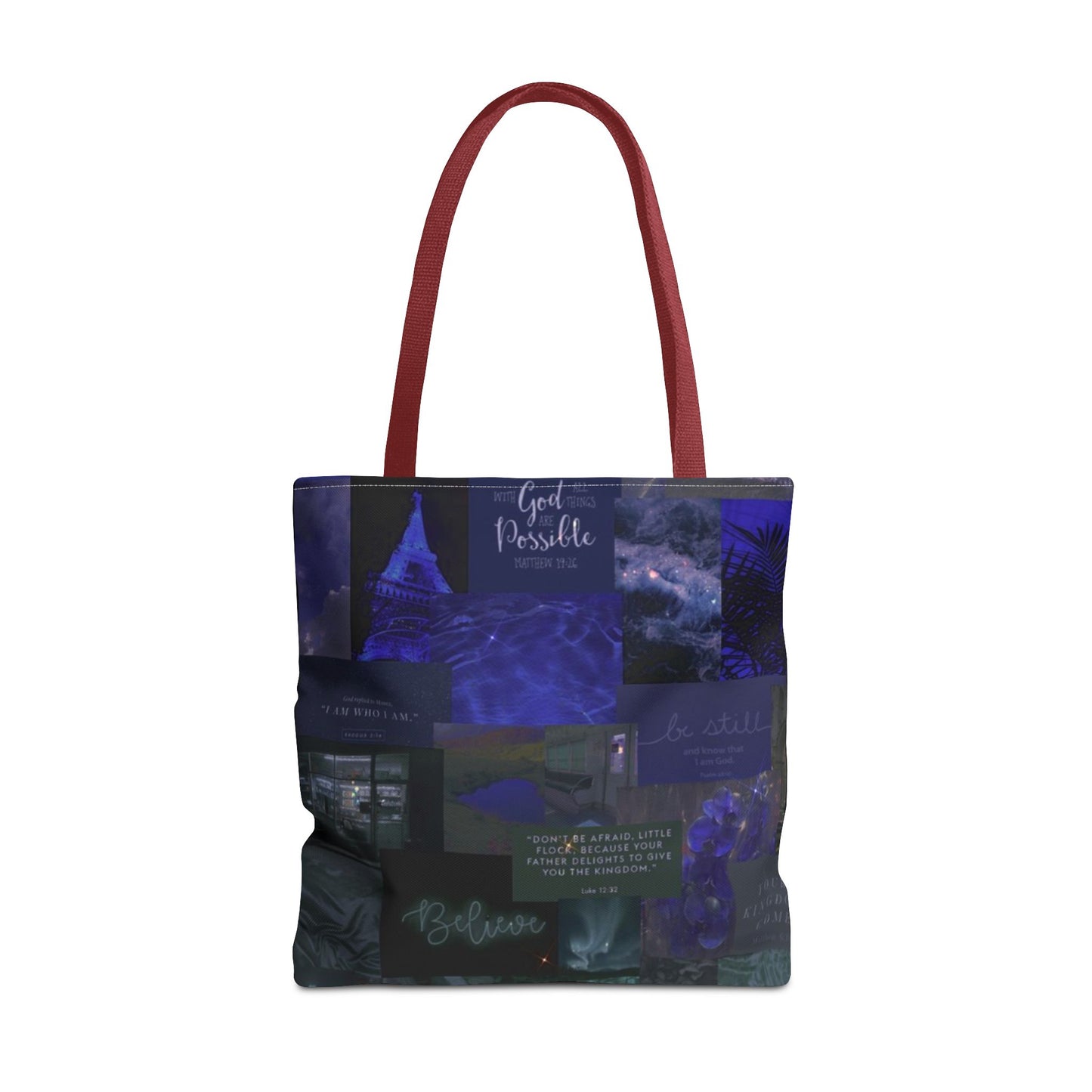 Believe & be still tote midnight blue faith collage