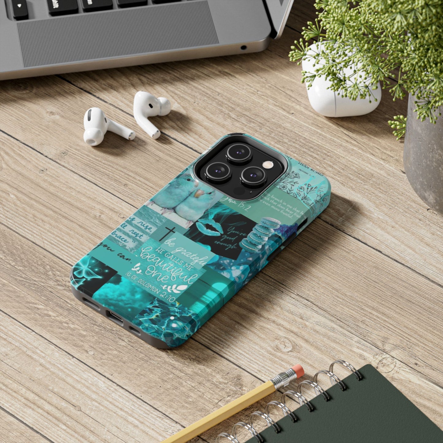 Beautiful one phone case aqua teal scripture collage