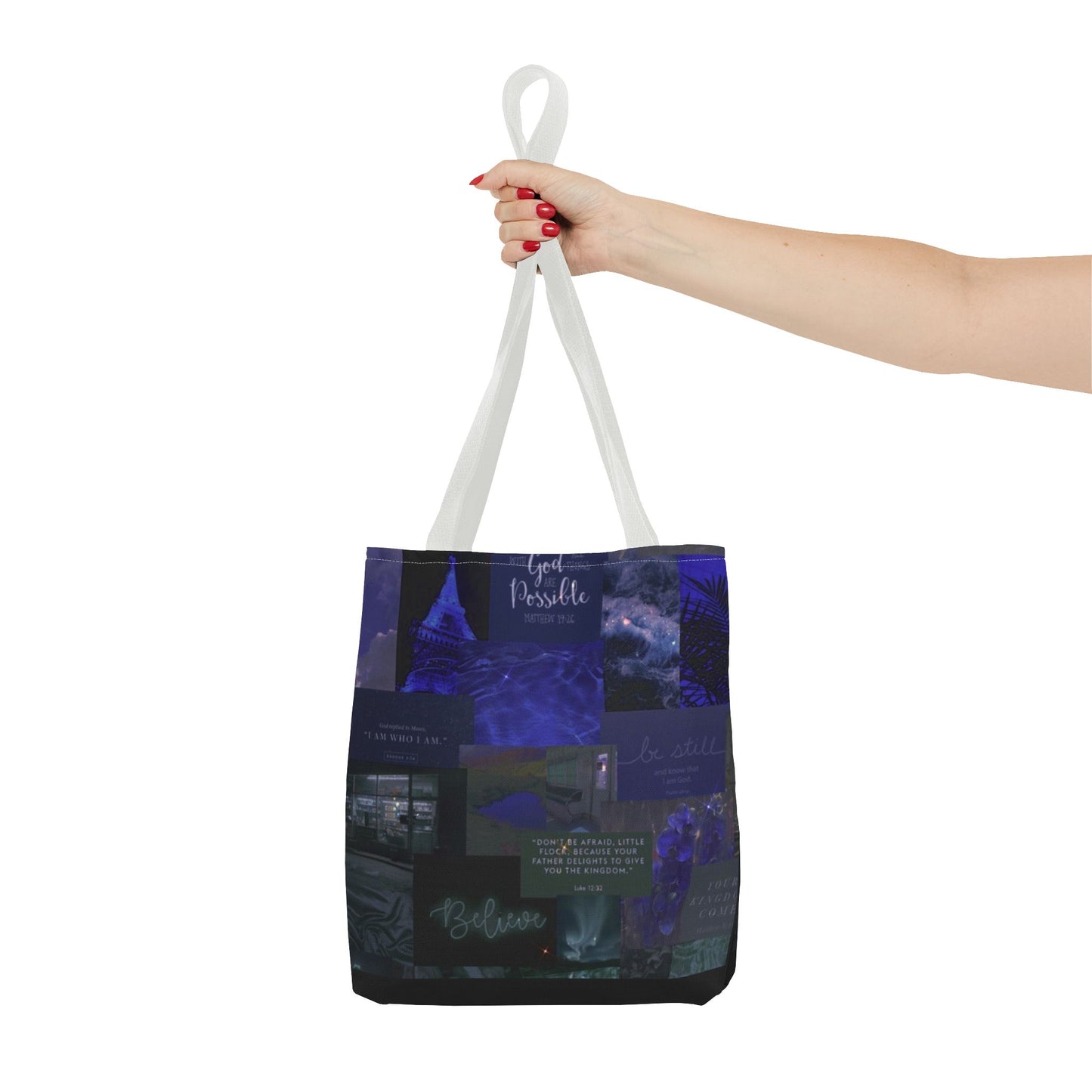 Believe & be still tote midnight blue faith collage