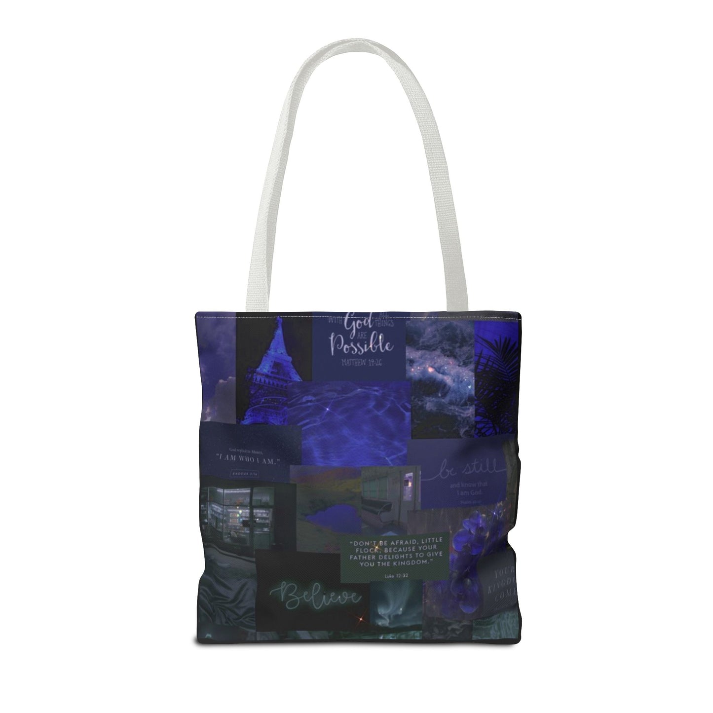 Believe & be still tote midnight blue faith collage