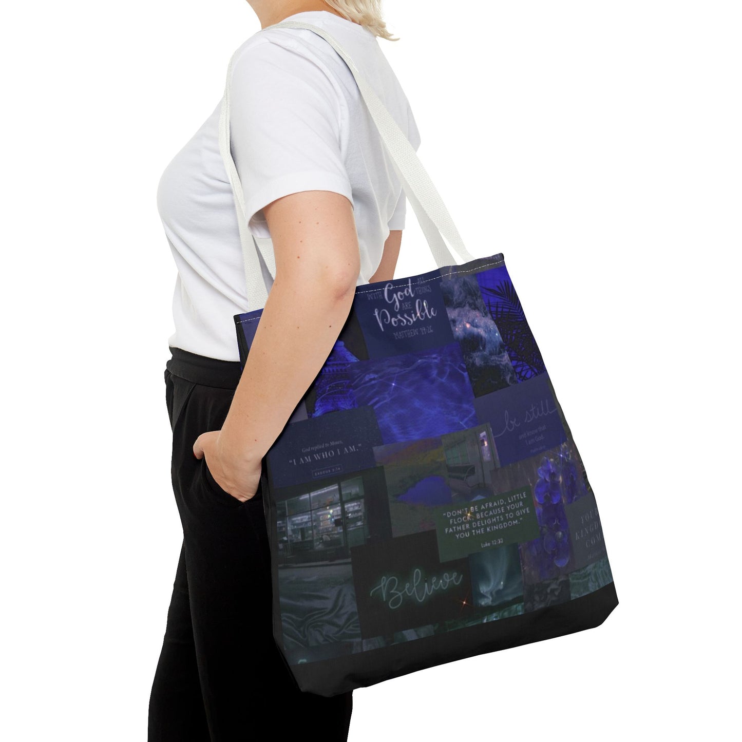 Believe & be still tote midnight blue faith collage