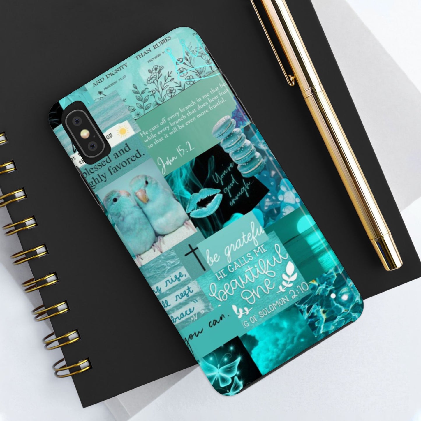 Beautiful one phone case aqua teal scripture collage