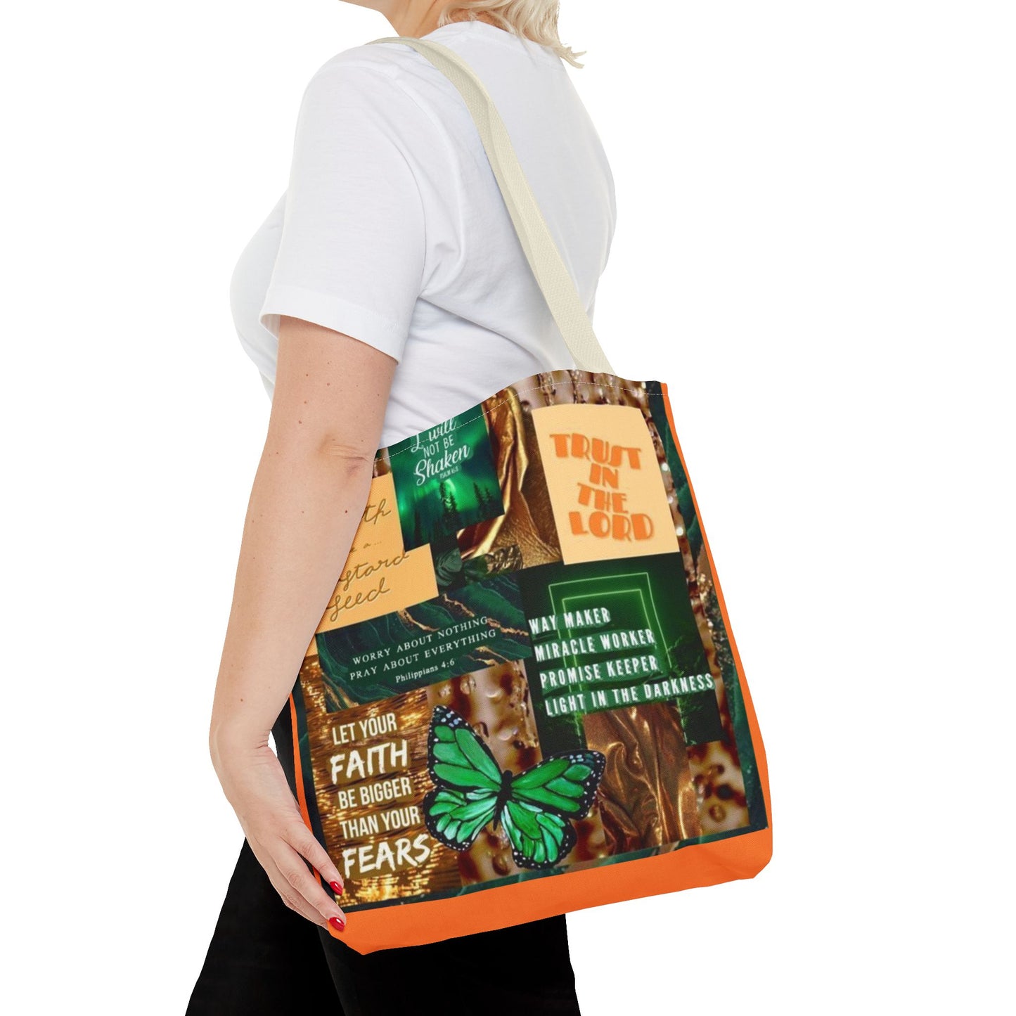 Faith over fear tote green and orange scripture collage bag