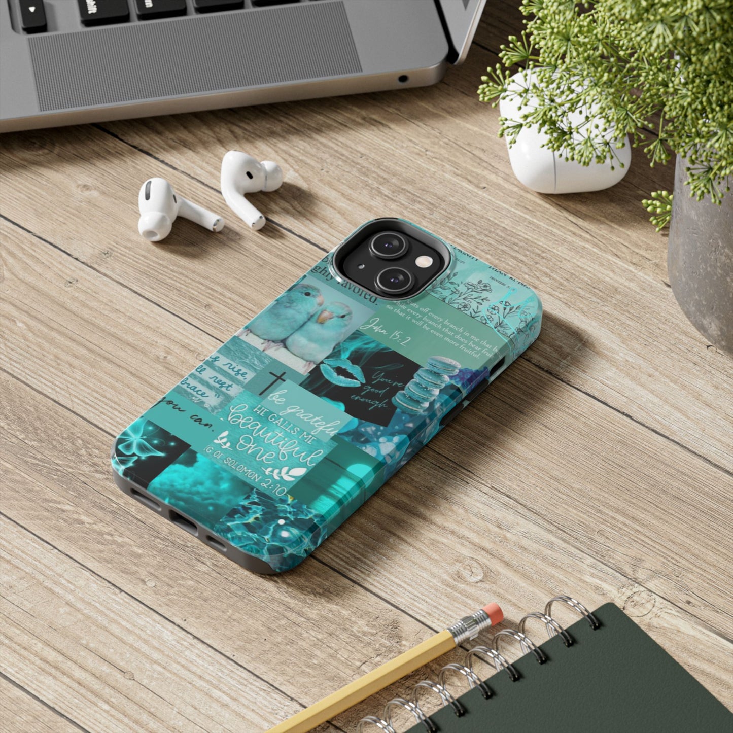 Beautiful one phone case aqua teal scripture collage