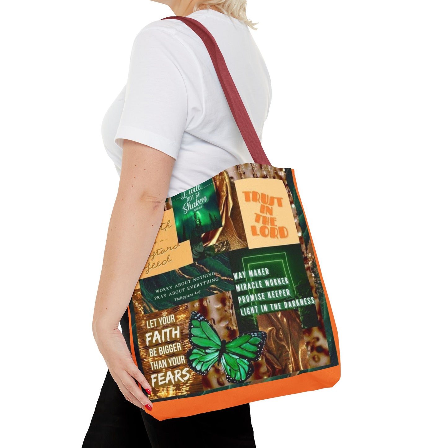Faith over fear tote green and orange scripture collage bag