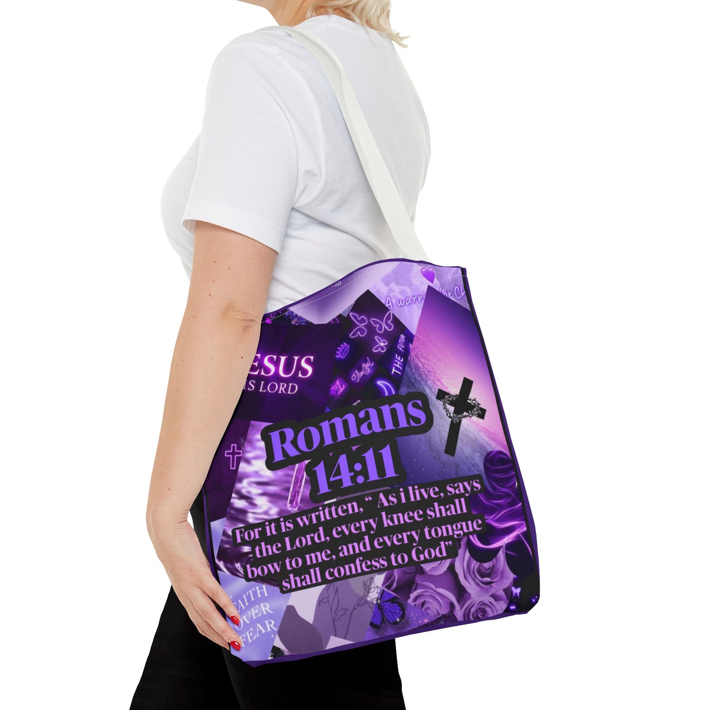 Inspirational Tote Bag - Romans 14:11 - Faith and Hope Design