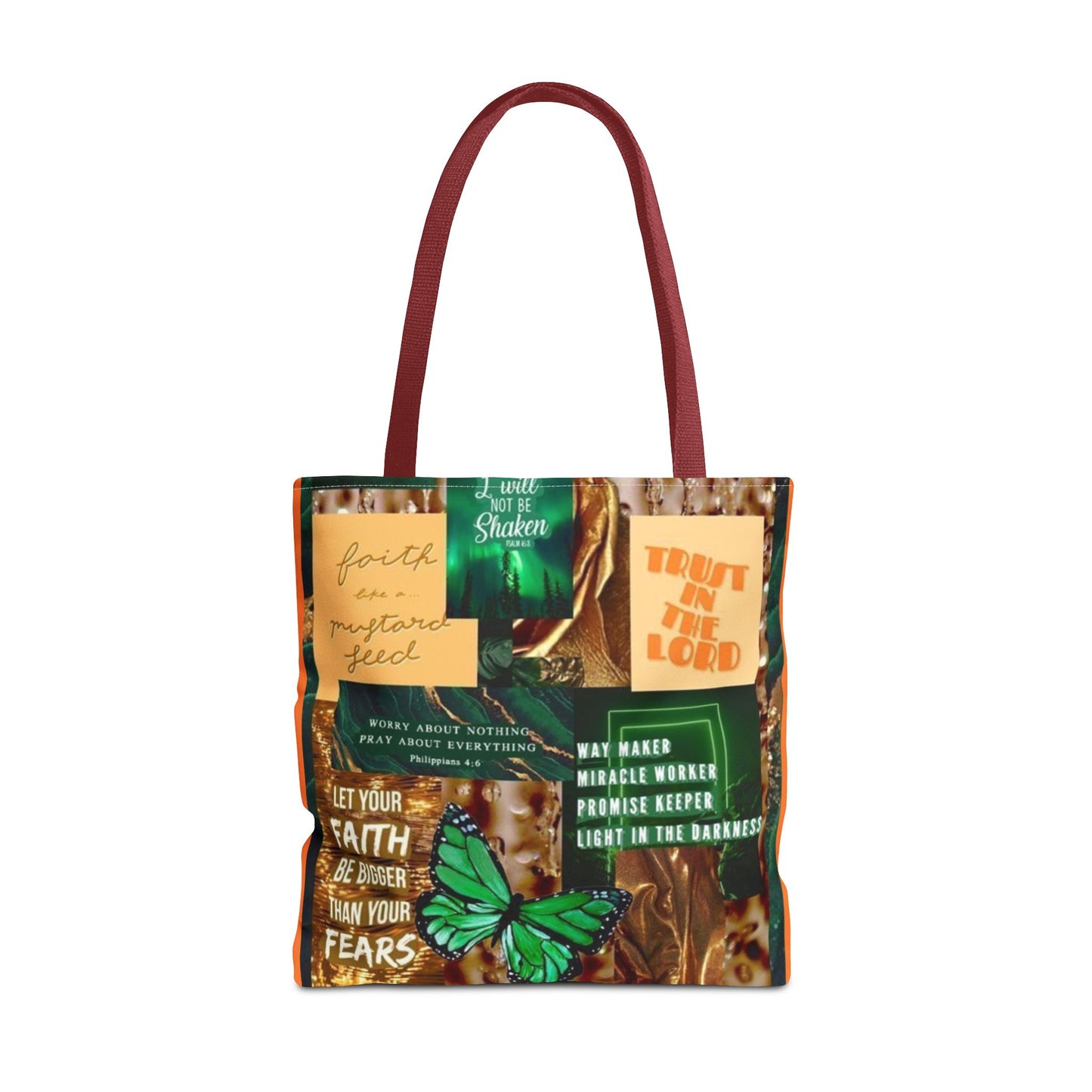 Faith over fear tote green and orange scripture collage bag