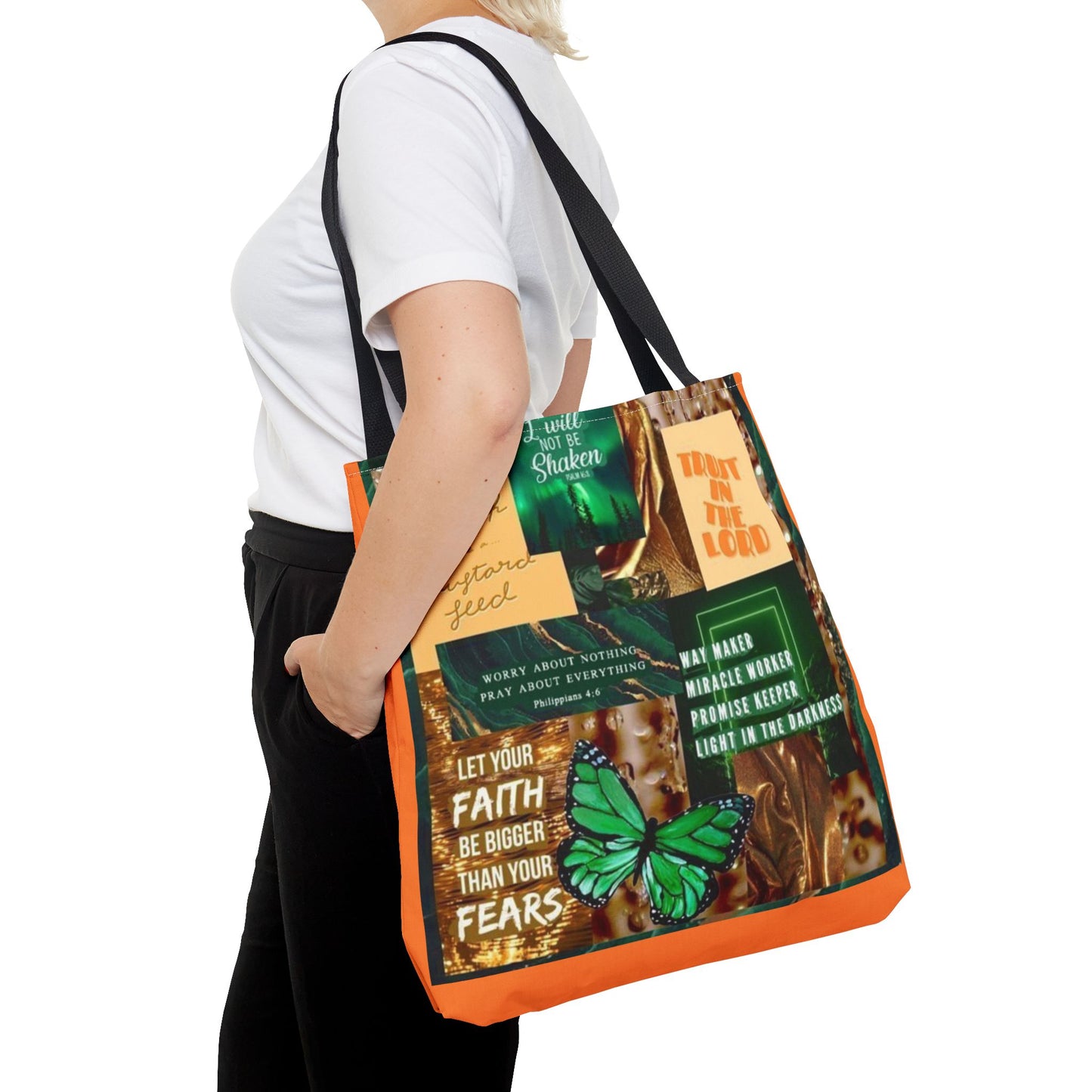 Faith over fear tote green and orange scripture collage bag