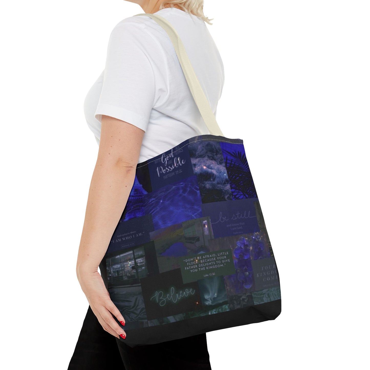 Believe & be still tote midnight blue faith collage