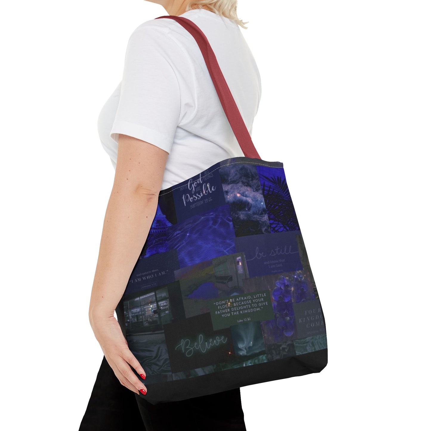 Believe & be still tote midnight blue faith collage