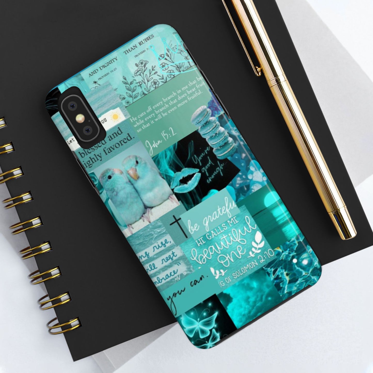 Beautiful one phone case aqua teal scripture collage