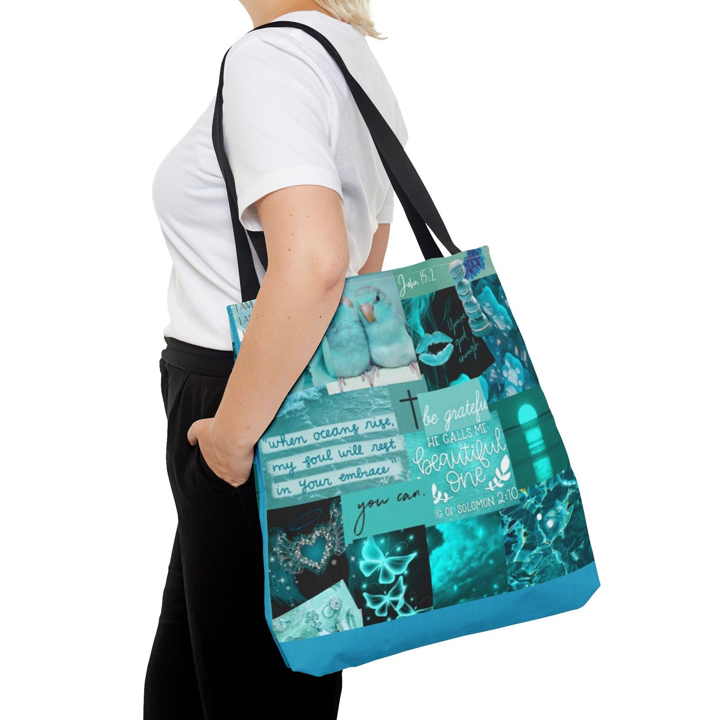 Beautiful one tote teal blue identity & scripture collage