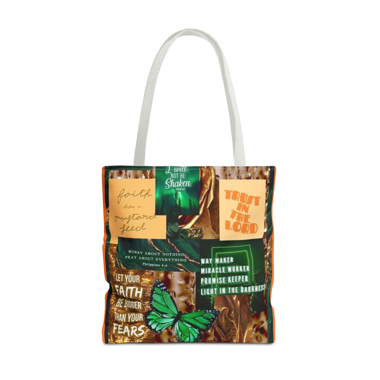 Faith over fear tote green and orange scripture collage bag