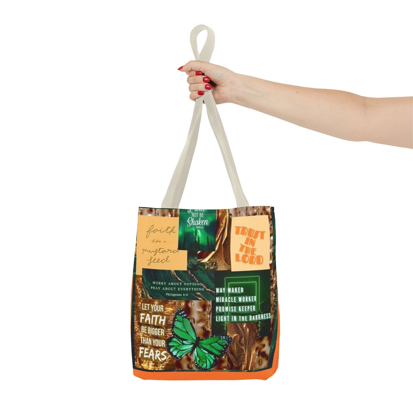 Faith over fear tote green and orange scripture collage bag