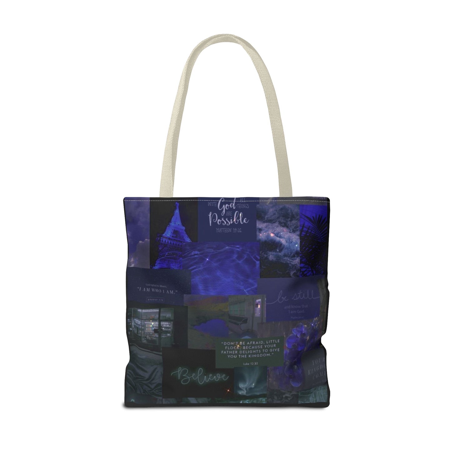 Believe & be still tote midnight blue faith collage
