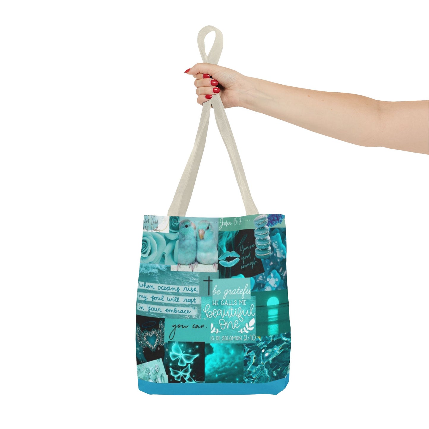 Beautiful one tote teal blue identity & scripture collage