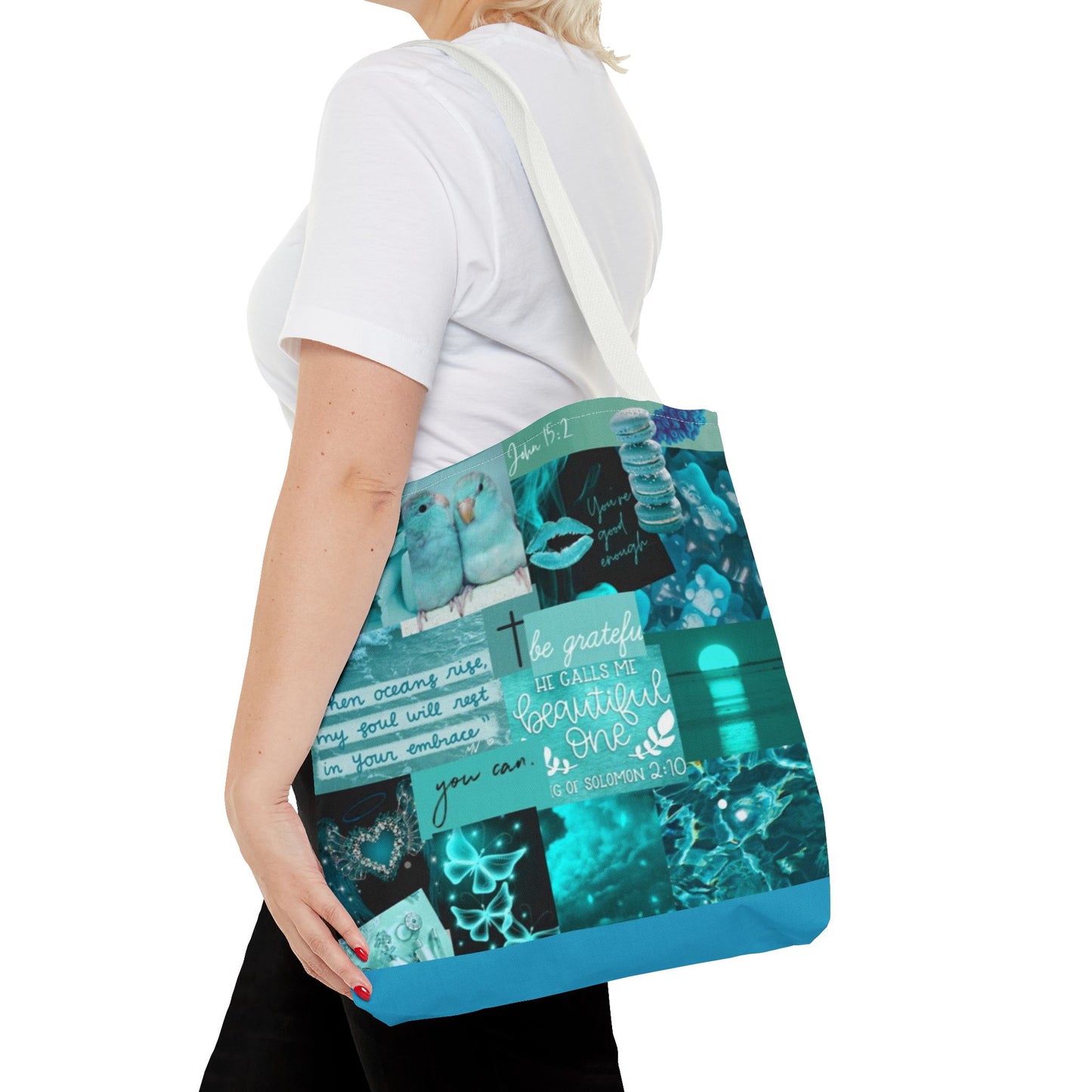 Beautiful one tote teal blue identity & scripture collage