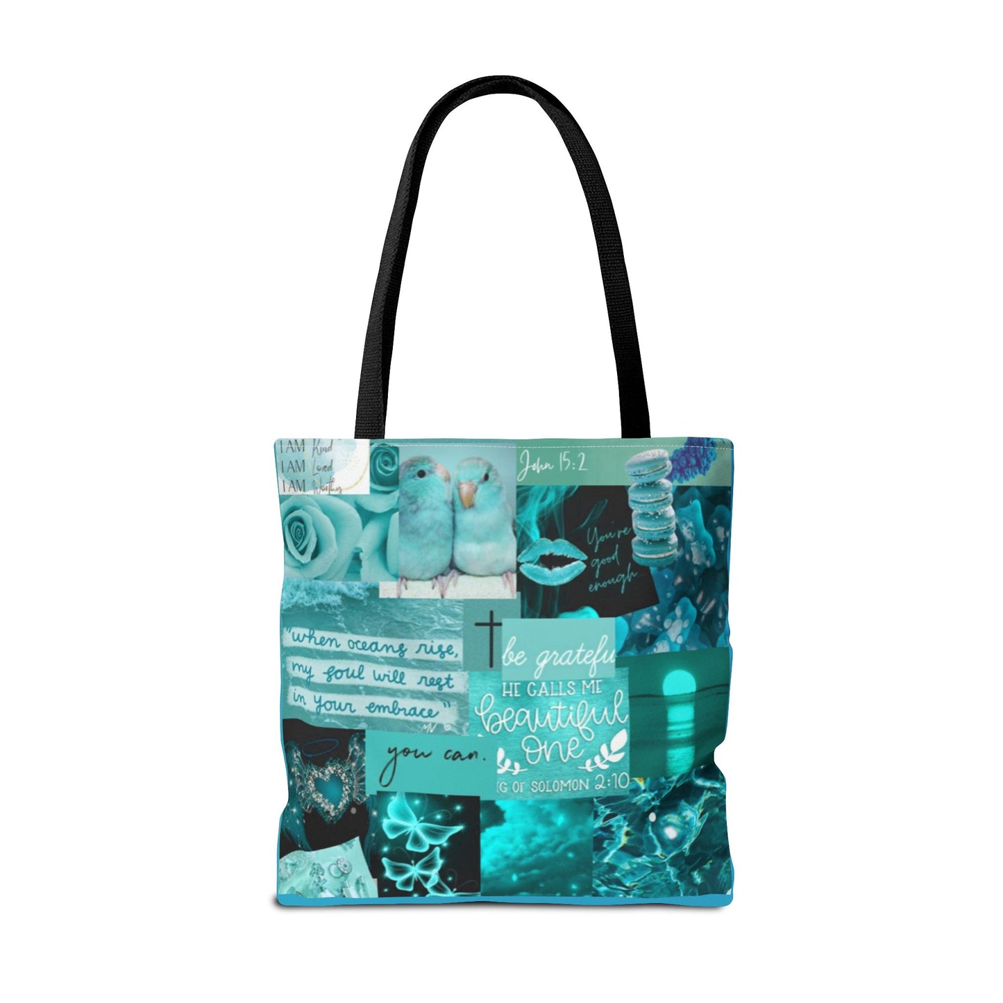 Beautiful one tote teal blue identity & scripture collage