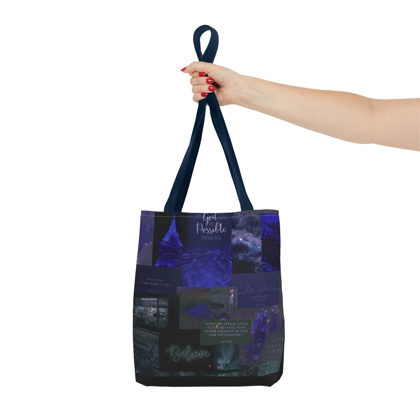 Believe & be still tote midnight blue faith collage