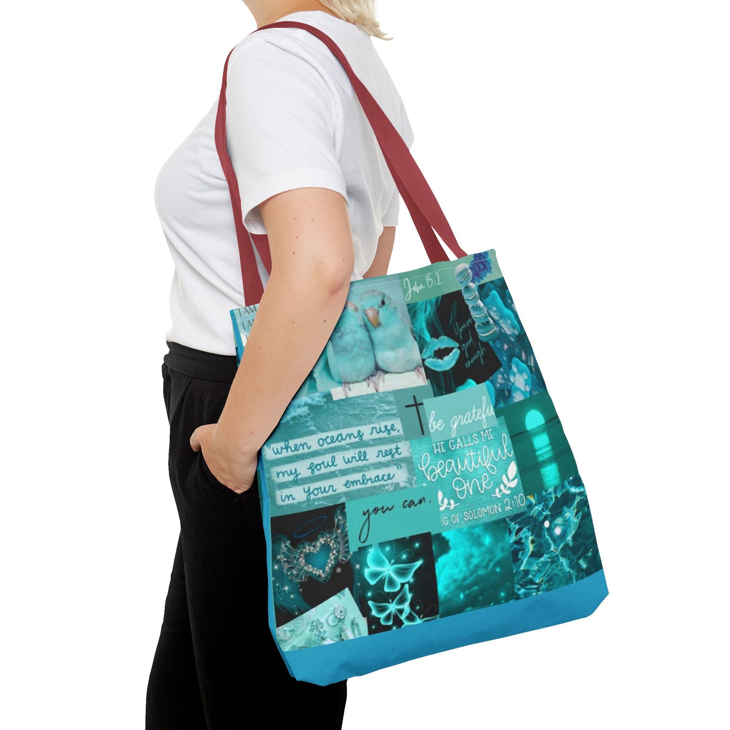Beautiful one tote teal blue identity & scripture collage