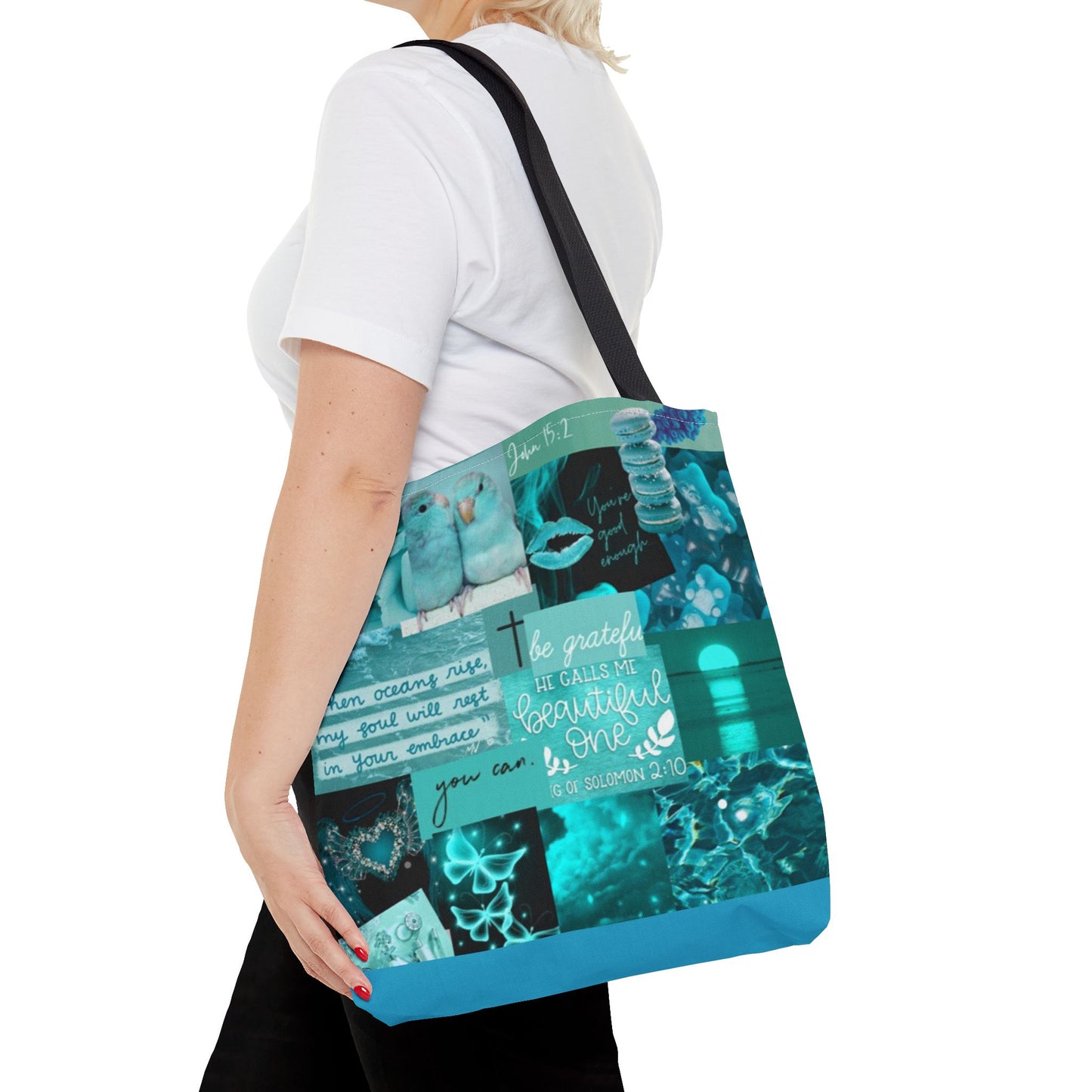 Beautiful one tote teal blue identity & scripture collage