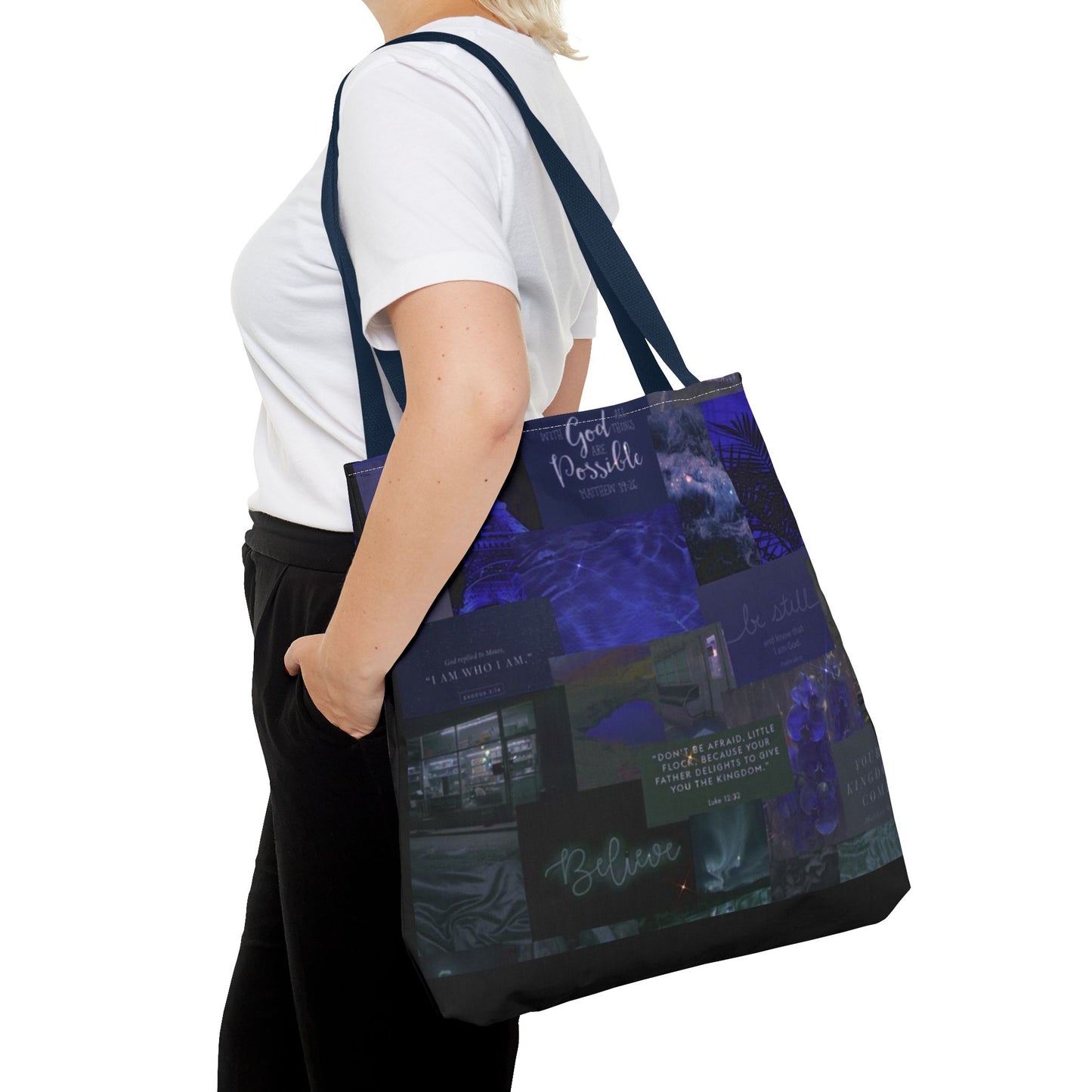 Believe & be still tote midnight blue faith collage
