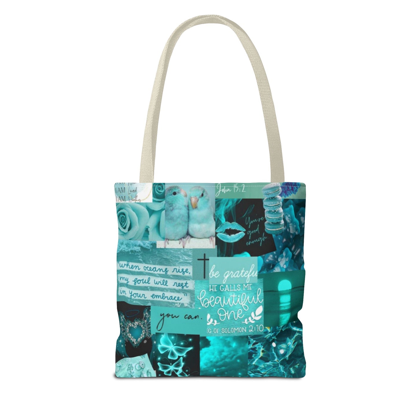 Beautiful one tote teal blue identity & scripture collage