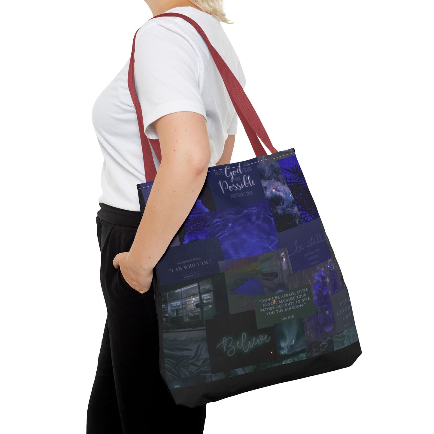 Believe & be still tote midnight blue faith collage