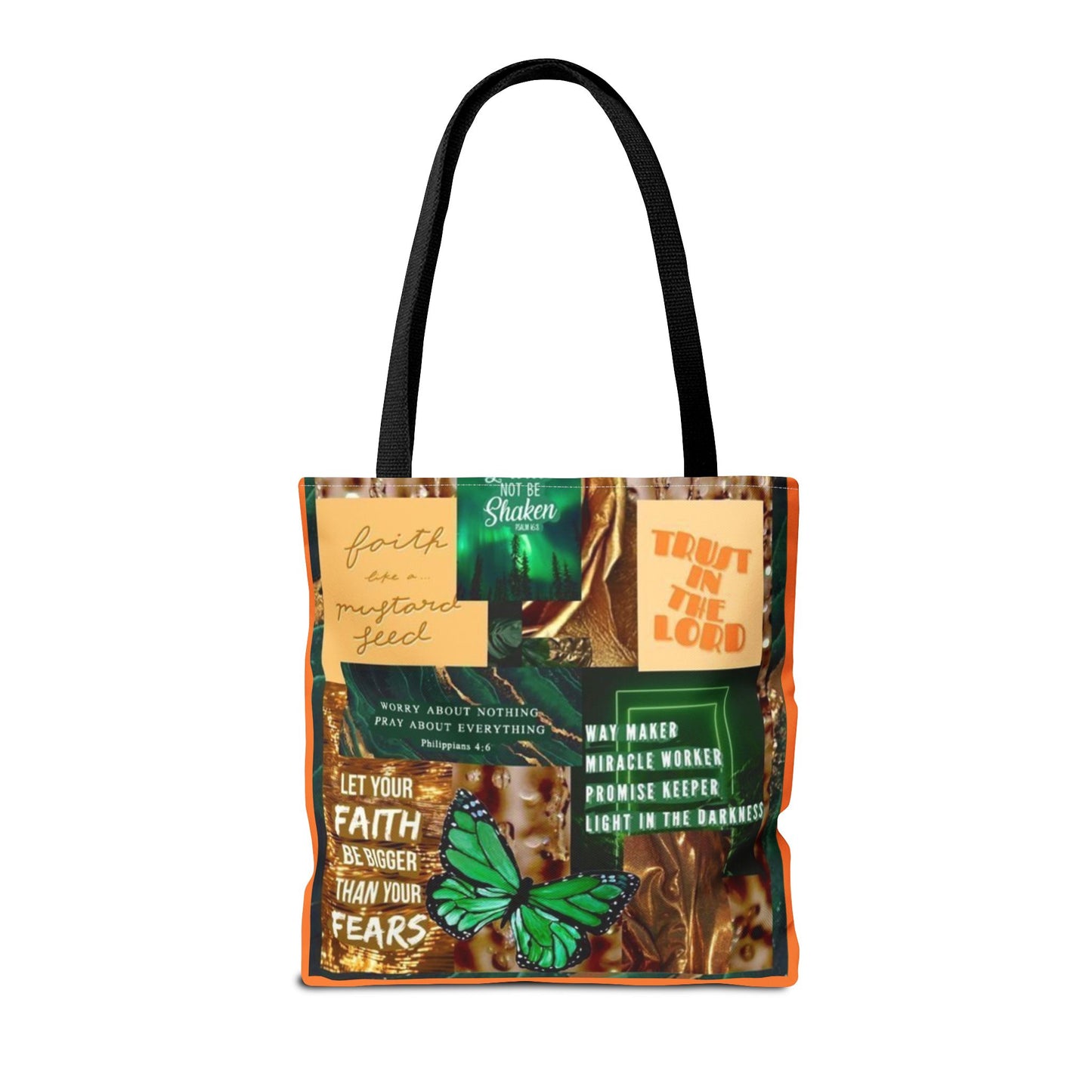 Faith over fear tote green and orange scripture collage bag