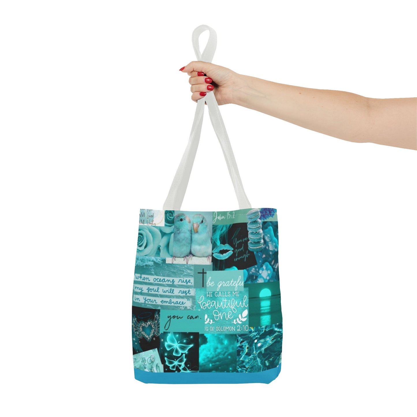 Beautiful one tote teal blue identity & scripture collage