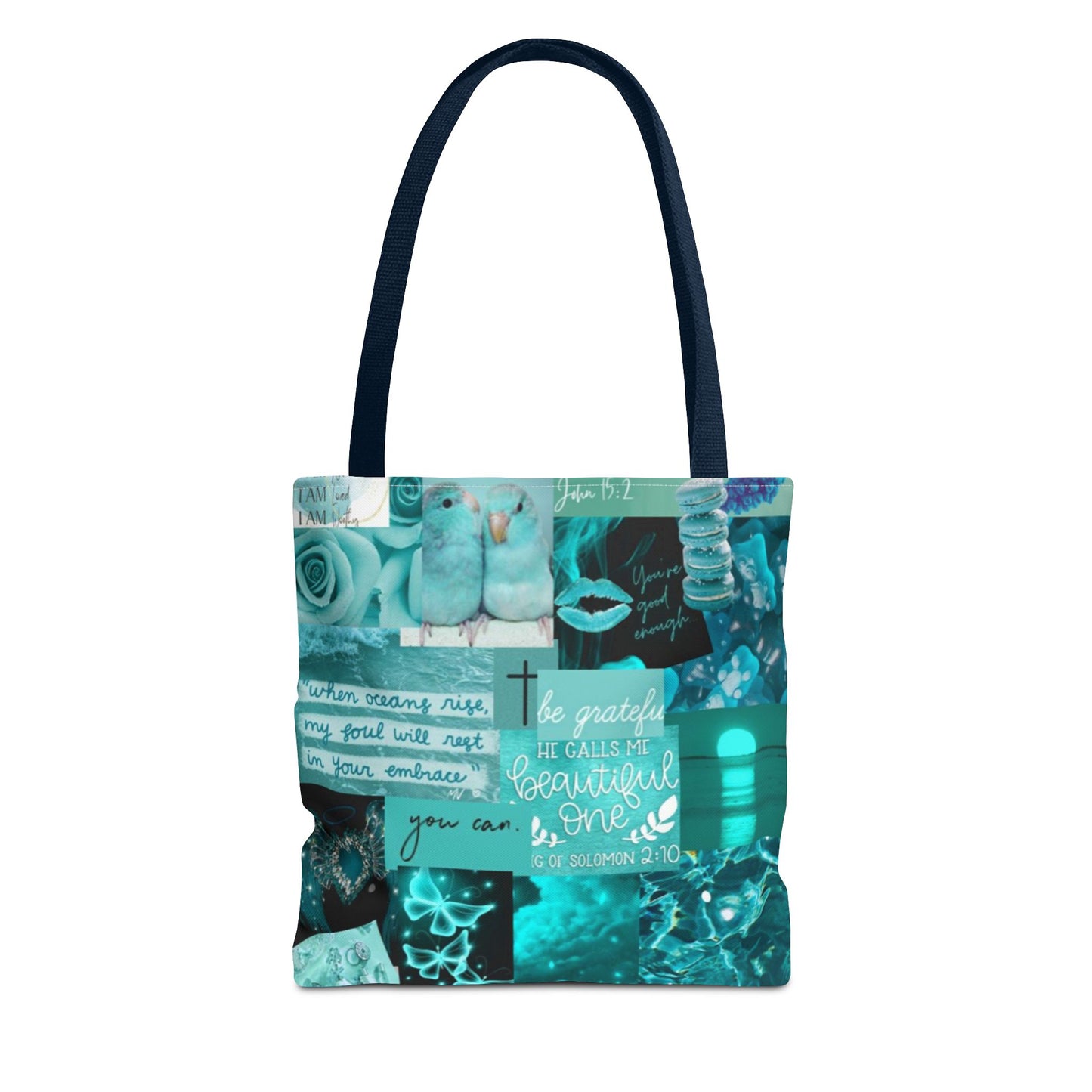 Beautiful one tote teal blue identity & scripture collage