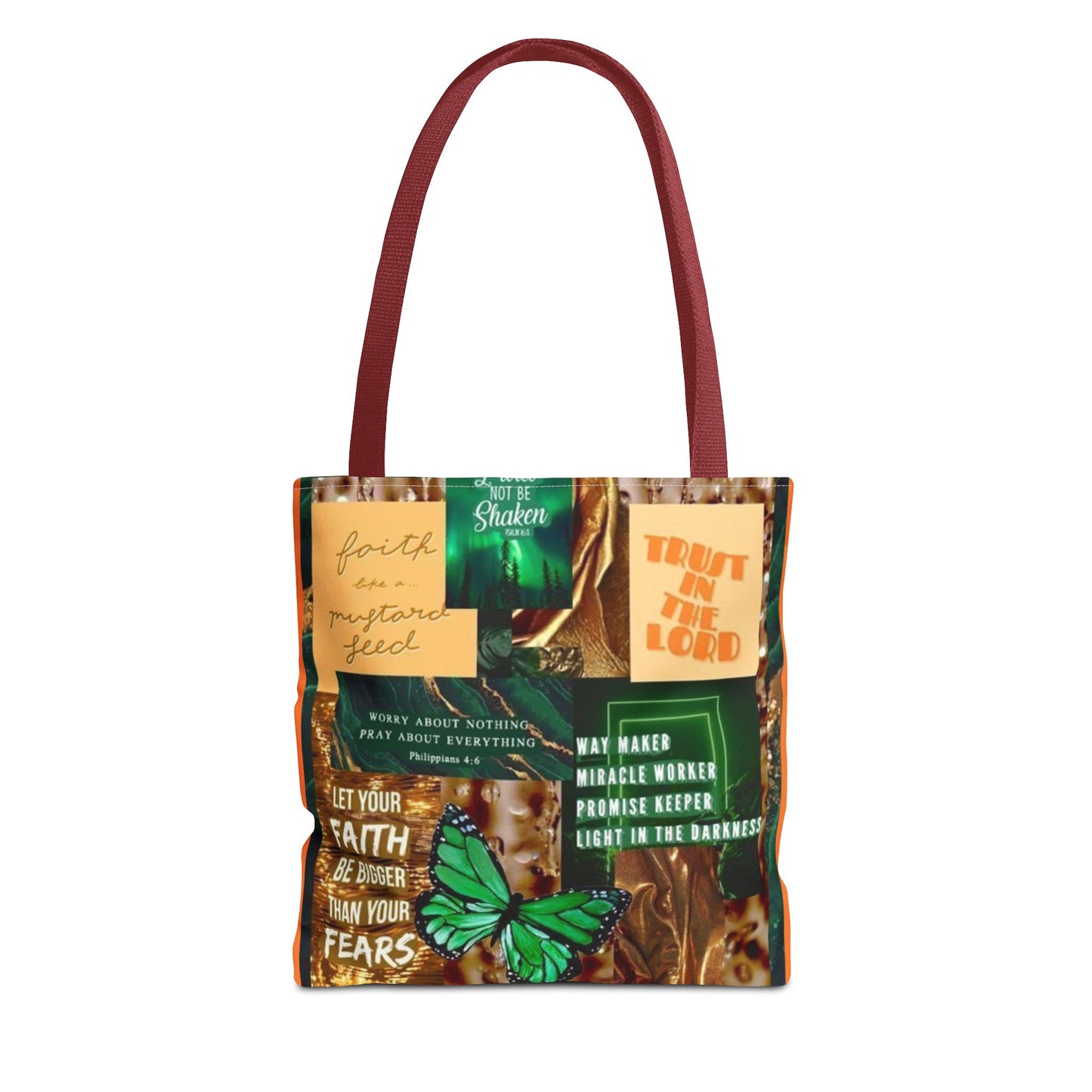 Faith over fear tote green and orange scripture collage bag