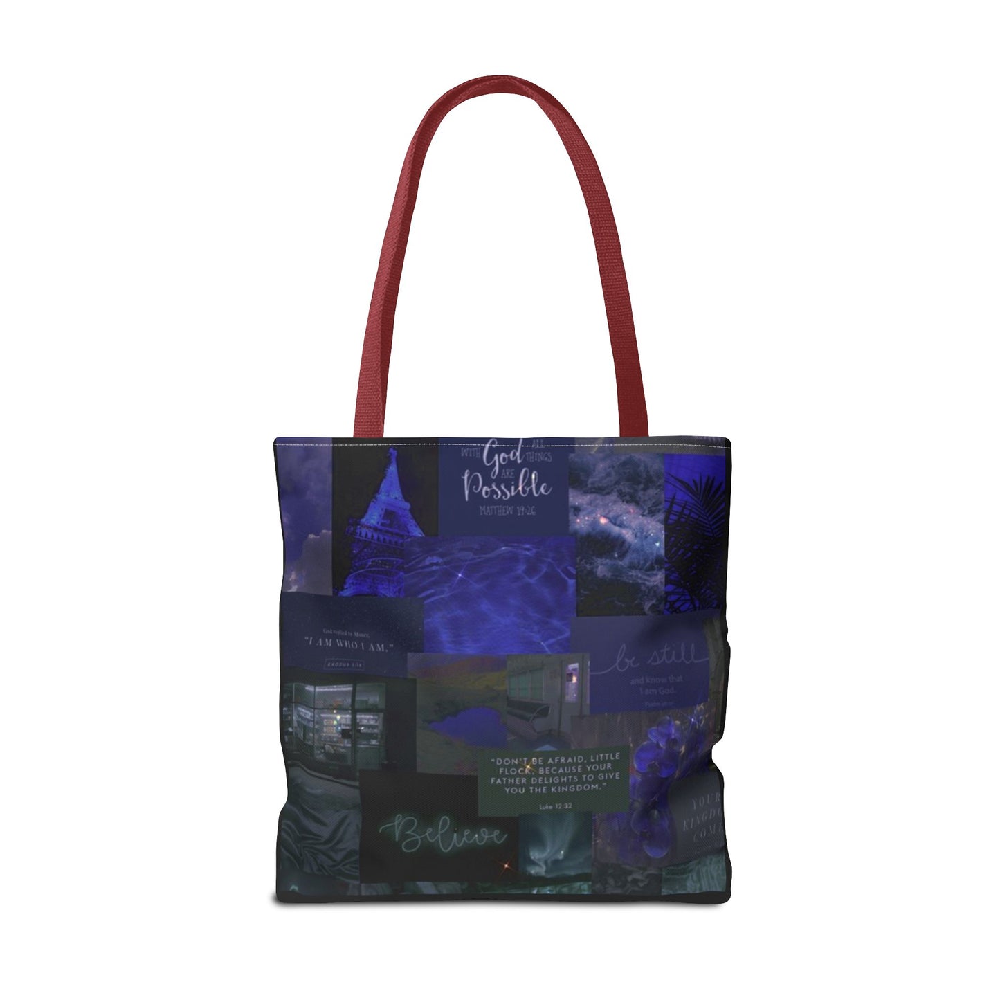 Believe & be still tote midnight blue faith collage