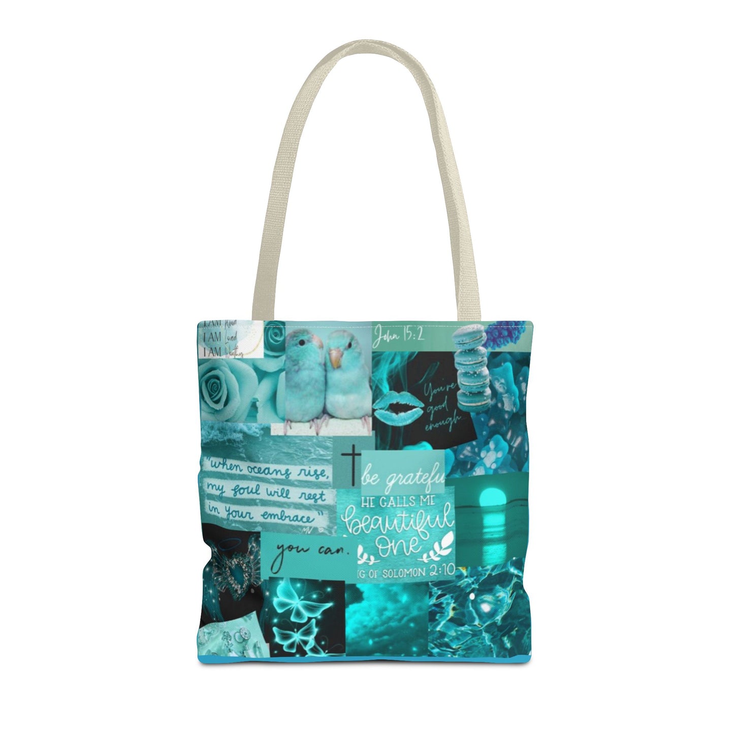 Beautiful one tote teal blue identity & scripture collage