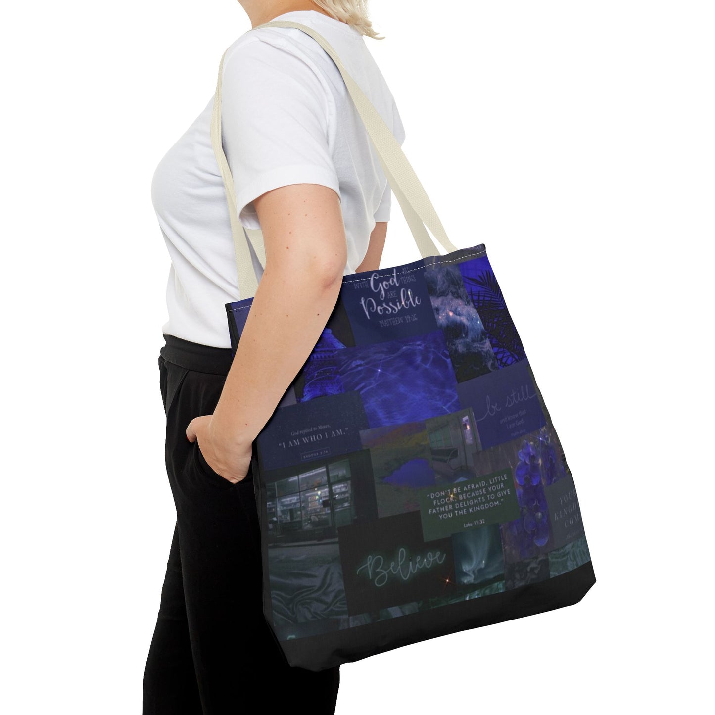 Believe & be still tote midnight blue faith collage