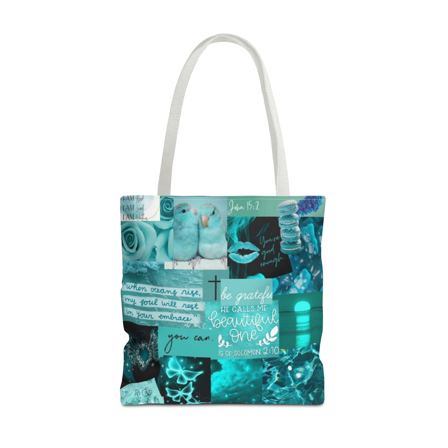 Beautiful one tote teal blue identity & scripture collage