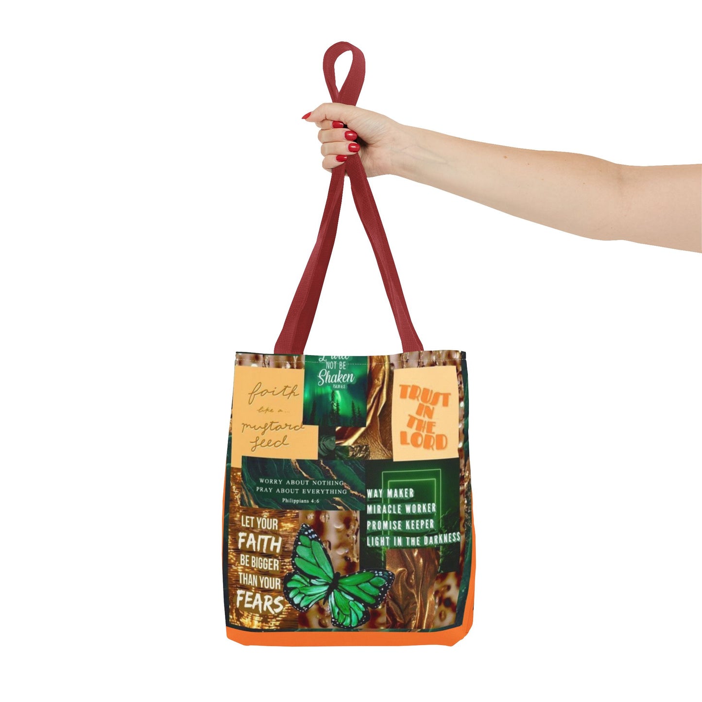 Faith over fear tote green and orange scripture collage bag