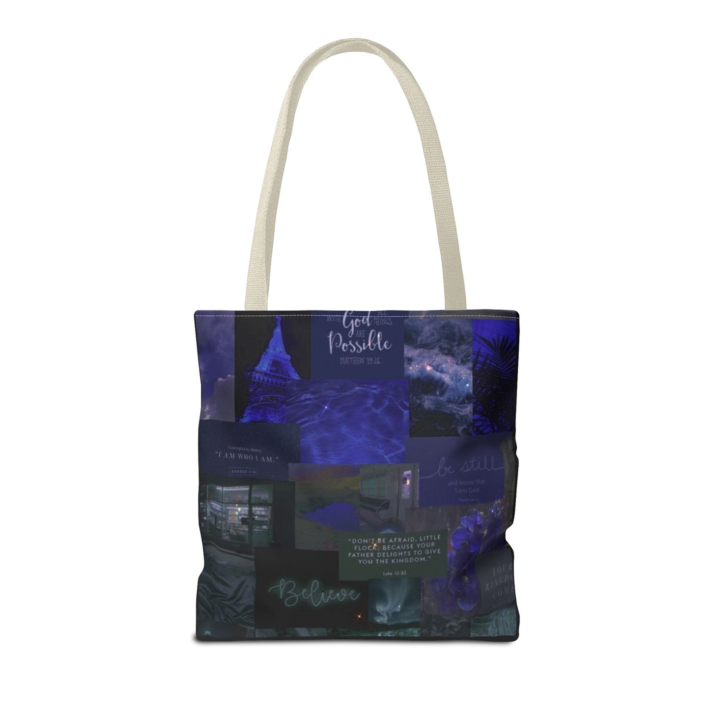 Believe & be still tote midnight blue faith collage