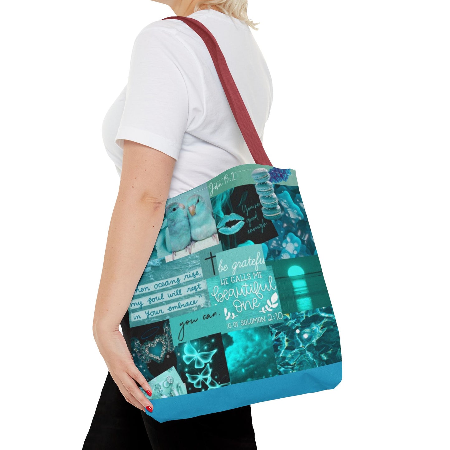 Beautiful one tote teal blue identity & scripture collage