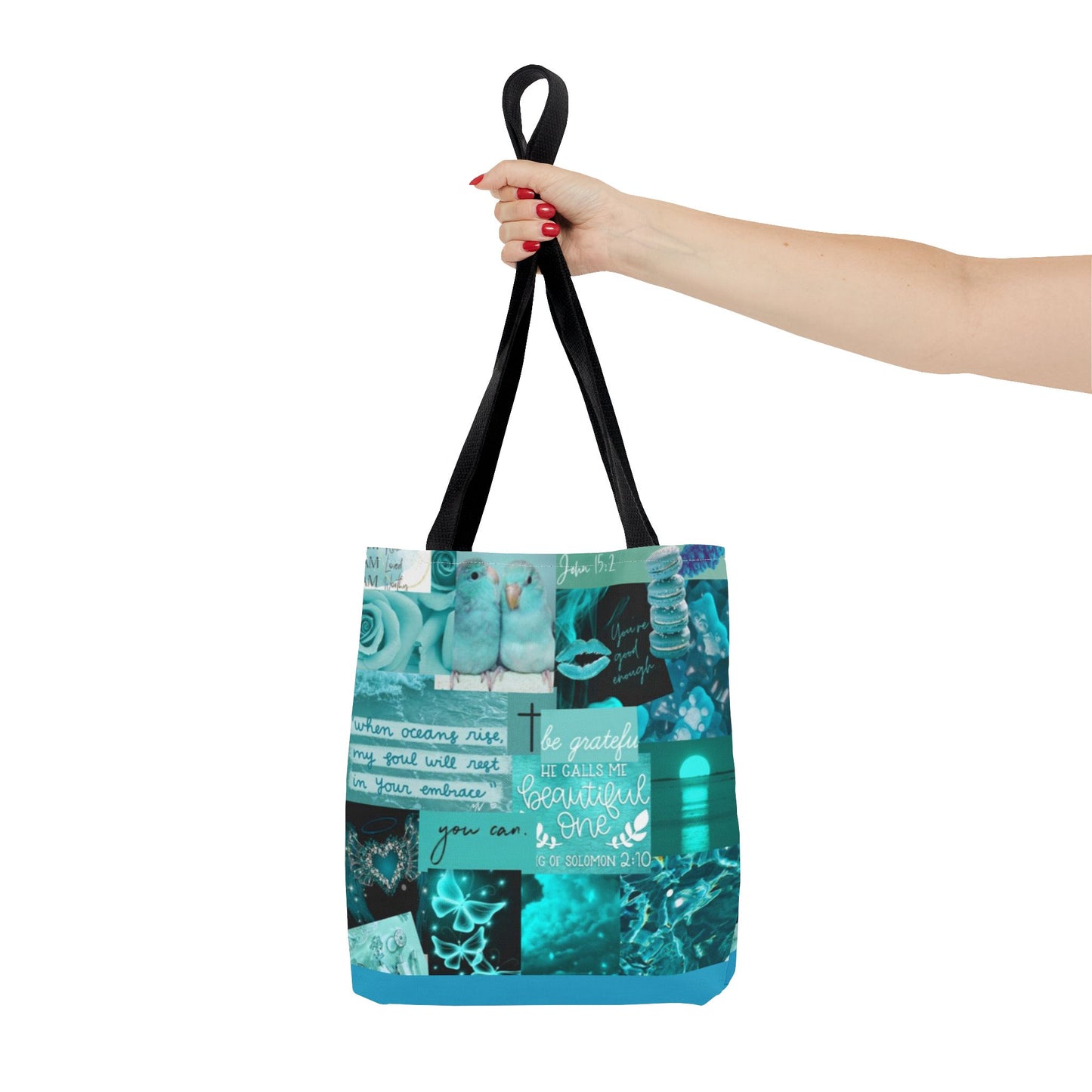 Beautiful one tote teal blue identity & scripture collage